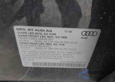 2019 Audi E-Tron Premium Plus z USA, uszkodzony, nr VIN WA1VAAGE1KB025145